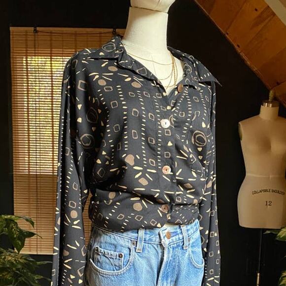 Vintage Mod Graphic Button Down Shirt  black brown - Picture 9 of 10